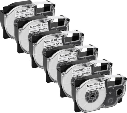 Replacement for Casio XR-12WE 12mm (1/2") Black on White Label Maker Tape | Compatible with Casio EZ Label Printers