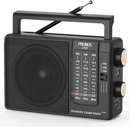 J03C AM FM Radio Portable USB C or AA Battery Operated, Home/Outdoor | Large Speaker Excellent Sound, Excellent