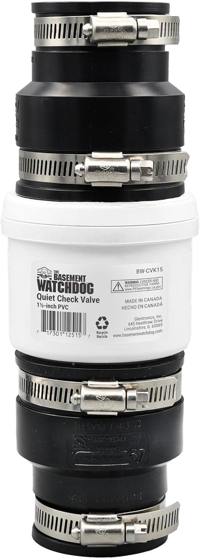 The Basement Watchdog 1.5" Quiet Sump Pump Check Valve - Durable PVC w/Rubber Unions - Easy to Install - Rigid