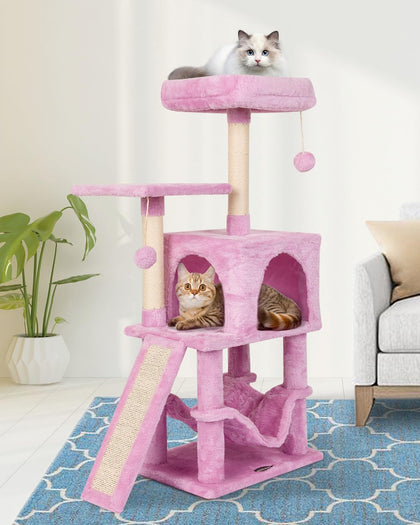 Pink Cute Cat Tree for Indoor Cat Tower with Scratching Post Modern Activity House Hammock Hanging Ball Condo with Board