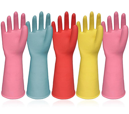Rubber Cleaning Gloves 5 Pairs Kitchen Dishwashing Gloves Reusable for Household Washing Dishes Cleaning Gardening