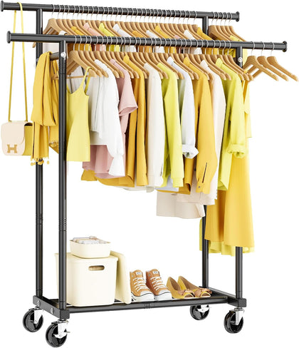 Double Rods Clothes Rack, Rolling Clothing Rack for Hanging Clothes Portable Wardrobe Rack, Metal Garment Rack Sturdy