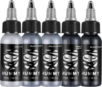 Grey Series Tattoo Ink Set - 5 Bottles (1 oz Each) Includes: Black Magic, Knight's Armor, Silent Night, Pelican Gray