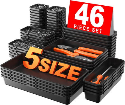 【𝟰𝟲𝗣𝗖𝗦 & 5 Size】 Tool Box Organizer Tray Divider Set, 【Black】 Bathroom Drawer Organizer Bin, Garage Organization and