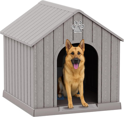 Dog House Outdoor Large Breed - Weatherproof PP Resin Doghouse with Elevated Floor, Open Design & Easy Assembly
