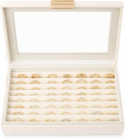Ring and Earring Jewelry Display Box – Holds Up to 80 Rings, Faux Leather Jewelry Box with Velvet Interior and Clear