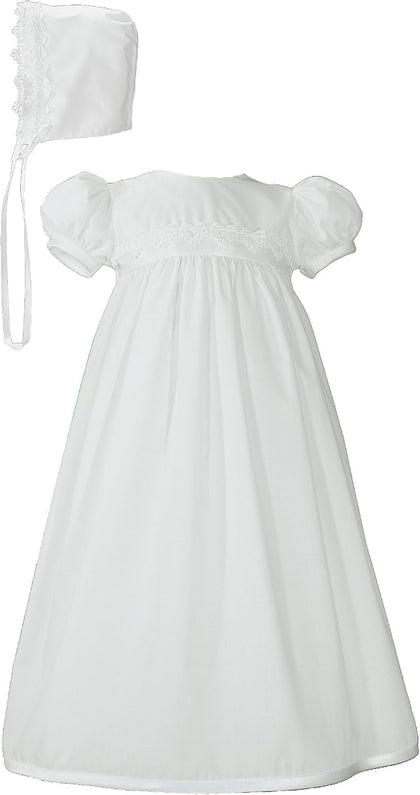 White Polycotton Christening Baptism Gown with Lace Trim & Bonnet