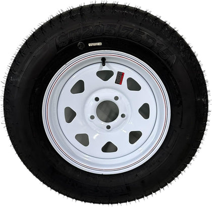 St205/75D15 Tex Star Trailer Tire On Rim, Load Range C 6 Ply Bias, 5 Lug White Spoke Wheel With 5X4.5" Bolt Pattern.