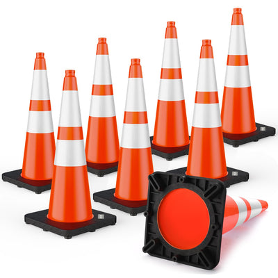 28 inch Traffic Safety Cones Orange with Weighted Base 8 Pack | Heavy duty design, reflective collars, flexible PVC