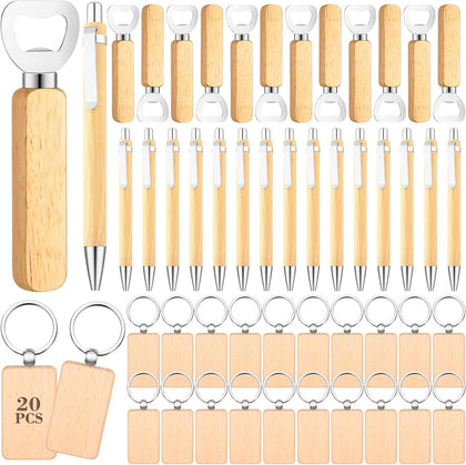 60 Pcs Laser Blanks Product Laser Engraving Material Kit Including DIY Wooden Blank Bottle Opener, Wooden Keychain