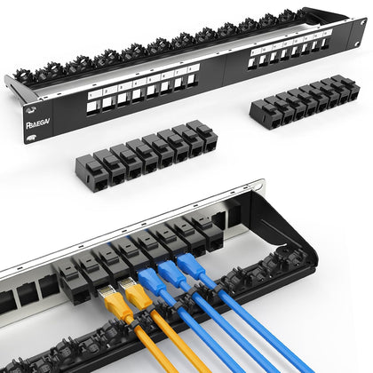 Patch Panel 16 Port with 16pcs Cat6 Keystone Jack UTP Fold Keystone Patch Panel 19Inch with Cable Management and