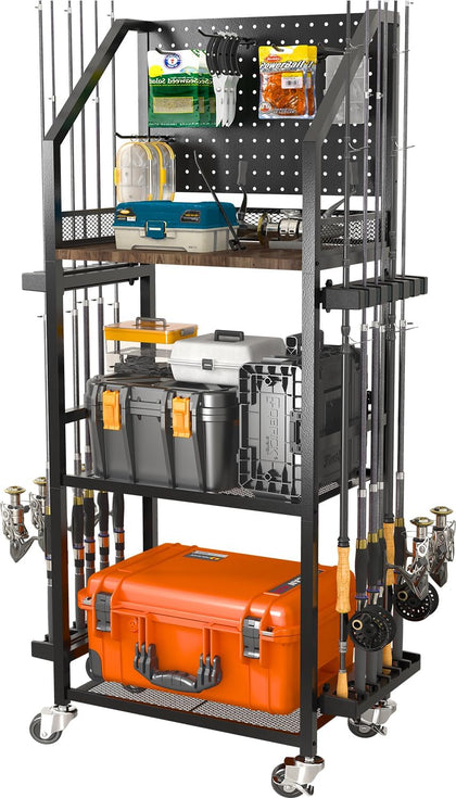 Fishing Rod Holders for Garage, Fishing Pole Holders Up to 12 Rods with Pegboard and Hooks,Rolling Fishing Cart with