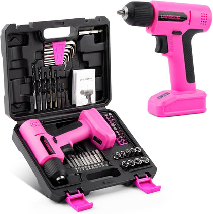 8V Pink Cordless Drill, Power Drill Tool Set, Built-in LED, 58pcs Acessories with Household Tool Set Gift Box, Pink