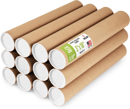 3" x 18" Made in USA Reinforced Kraft Paper Mailing Tube, 12 Tubes, 24 Caps