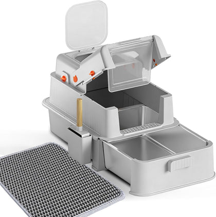 Enclosed Stainless Steel Cat Litter Box with Drawer, XL Large Metal Cat Box with Lid for Indoor Cats, Metal Covered