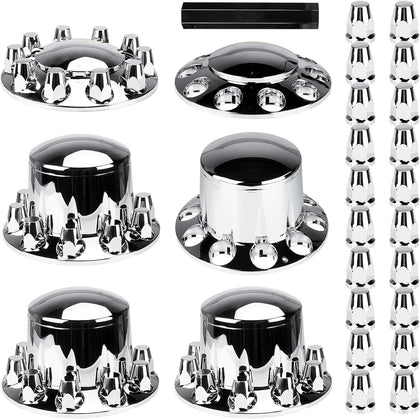 Dome Axle Cover Combo Kits for Semi Truck Hubs w/Screw-On 33mm Lug Nut, ABS Plastic Chrome Plated, 2 Front & 4 Rear