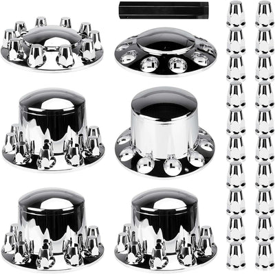 Dome Axle Cover Combo Kits for Semi Truck Hubs w/Screw-On 33mm Lug Nut, ABS Plastic Chrome Plated, 2 Front & 4 Rear