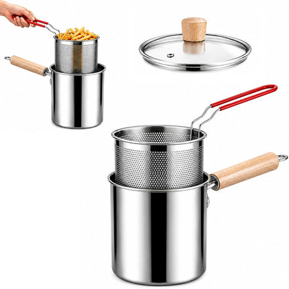 304 Stainless Steel Deep Fryer Pot Set with Basket & Strainer and Tongs (C)