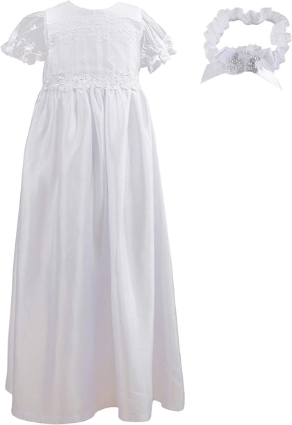 Baby Girls Baptism Christening Embroidered Gown with Headband for 0-12 Months