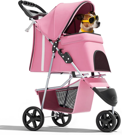 3-Wheel Pet Stroller for Small/Medium Dog Cat, Up to 33lbs, Pink