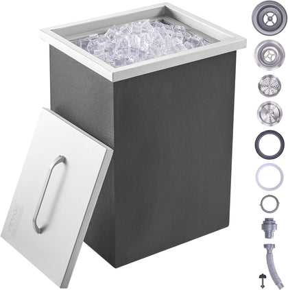 Drop in Ice Chest, 14" L x 12" W x 18" H Stainless Steel Ice Cooler, Commercial Ice Bin with Cover, 40 qt Outdoor