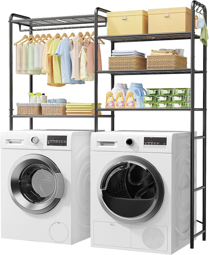 Laundry Room Shelves - Multi-Functional Over Washer and Dryer Shelves with Hanging Bar & Removable Hooks