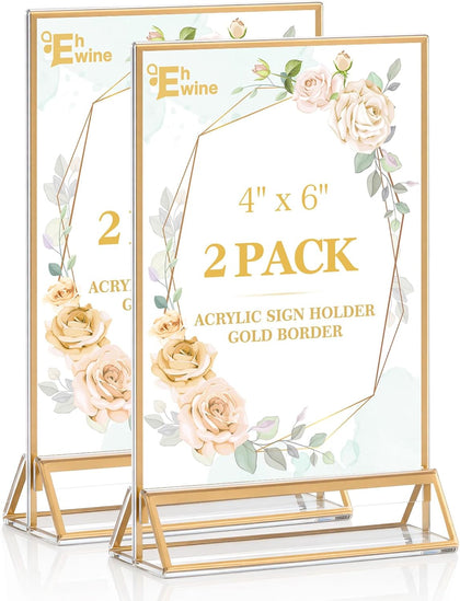 2 Pack Acrylic Sign Holder 4 x 6, Double Sided Gold Picture Frame Stand up Table Top Sign Holders, Clear Display