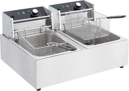 Commercial Electric Deep Fryer, 6L x 2 Dual Tank Stainless Steel Deep Fryer with Frying Basket & Lid, Countertop