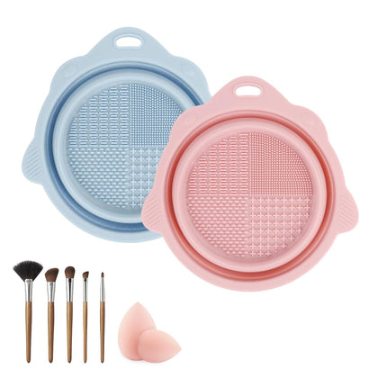 Collapsible Makeup Brush Cleaner Bowl, 2 Pack Silicone Washing Mat for Cleaning Daily Beauty Tools, Pink and Blue