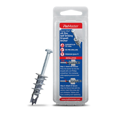 FixMaster Self Drilling Drywall Anchors Zinc with Drywall Screws (10 Metal Anchors & 10 Screws) – Heavy Duty Plaster/Hollow Wall Anchors for Drywall Kit – 3/8", 1/2", 5/8" – 75 lbs Holding Strength