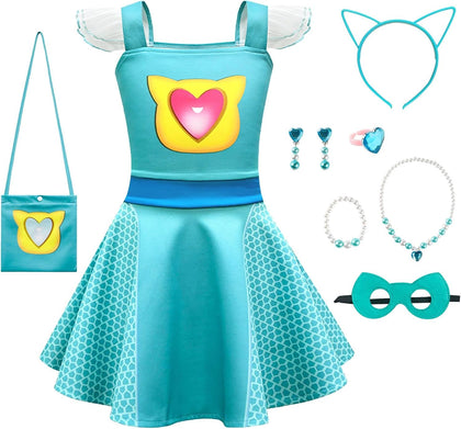 Girls Superhero Dress with Mesh Sleeves,Cat Eyes Mask and Cute Necklace for Halloween Birthday Party Outfits