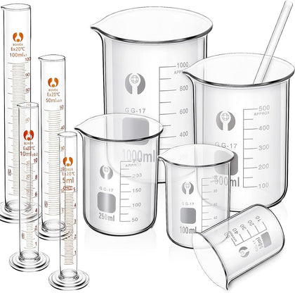 10 Pieces Glass Measuring Beaker and Graduated Measuring Cylinder with Stirring Rod 50/100/ 250/500/ 1000 ml Thick