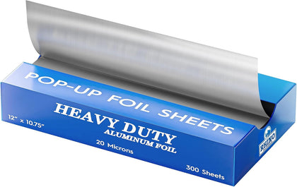 Precut Pop Up Heavy Duty Aluminum Foil Sheets - 300 Pcs of Ultra Thick 20 Micron Foil Sheets for Food - (12"x10.75")