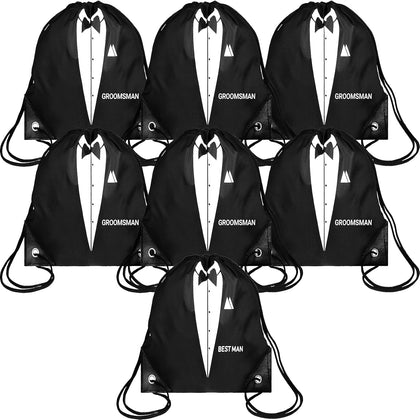 7 Pack Groomsmen Gift Bags Drawstring, 9x9.9 Black Tuxedo Print