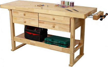 60 Inch Workbench with 4 Drawers & Storage Rack, Rubber Wood Top Work Table for Garage Workshop, Heavy Duty