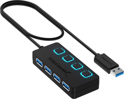4-Port USB 3.0 Hub with Individual LED Power Switches - Slim, Portable Design - 2 Ft Cable - Fast Data Transfer