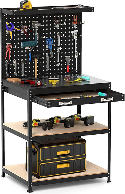 32" Work Bench with Drawer, Pegboard and 19 PCS Hanging Kits, Black | Heavy Duty Garage Work Table, Tool Bench