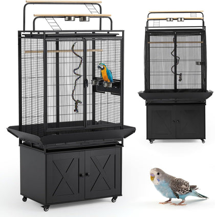 70" Large Bird Cage with Play Top, Metal Parrot Cage with Storage Cabinet | Tall Big Bird Flight Cage with Pull-Out