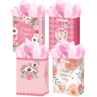 4Pcs Gift Bags with Tissue Paper -7.9"x4.3"x9.6" Medium Size Cardboard Gift Bags(4pcs Bags + Tissue Paper )