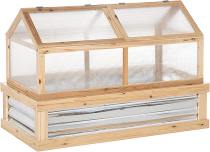 Raised Garden Bed, Polycarbonate Mini Greenhouse, Natural | 48" x 24" x 32", Wooden, Cold Frame Greenhouse, Flower