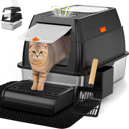 Stainless Steel Litter Box with Lid, XL Front Entry Enclosed Extra Large Litter Box for Big Cats & Kitty, Top Exit