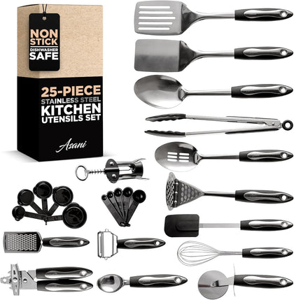 25-Piece Stainless Steel Kitchen Utensil Set | Non-Stick Cooking Gadgets and Tools Kit | Durable Dishwasher-Safe