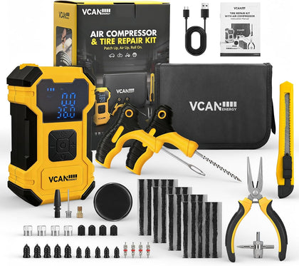Flat Tire Repair Kit with Air Compressor, 150PSI Portable Air Pump with Auto-Stop & LED, Heavy Duty Tire Plug Kit for