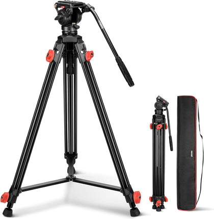 Video Tripod with Fluid Head, Heavy Duty Aluminum Compact Portable Camera Tripod Stand for DSLR Camcorder Compatible