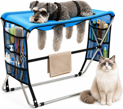 Pet Grooming Hammock with Stand for Small Dogs and Cats, (Dark blue)