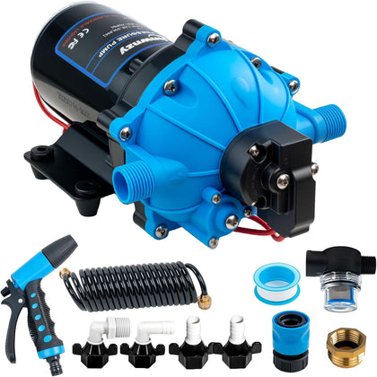 80PSI 7.5GPM Washdown Pump Kit, 12V Self-Priming Marine RV Water Pump with Pressure Switch, Strainer, Coiled Hose & Adjustable Nozzle for RV, Boat, Yacht, Camper, Travel Trailer and Sprayer