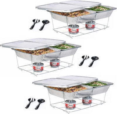 Disposable Chafing Dish Buffet Set With 6-Hour Fuel, 30 Piece | 3 full-size buffet setups with 6 fuel cans, 3 water