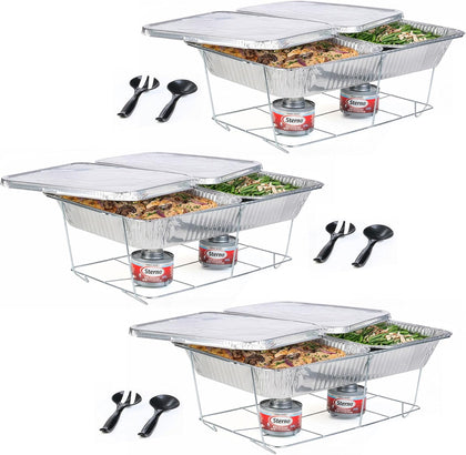 Disposable Chafing Dish Buffet Set With 6-Hour Fuel, 30 Piece | 3 full-size buffet setups with 6 fuel cans, 3 water