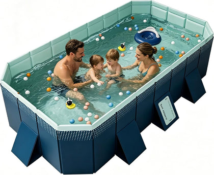 Foldable Swimming Pool, Rectangular Above Ground Swimming Pool for Outdoor Family Square Pool with Drain Plug and