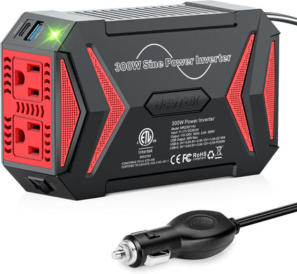 300W Pure Sine Wave Power Inverter - DC 12V to 110V AC Car Converter Plug Adapter Outlet with PD30W USB-C Fast